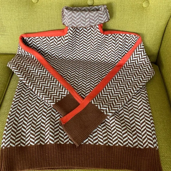 Women’s Pullover Sweater Size S Brown White Orange HighNeck Classic Herringbone - Picture 5 of 11